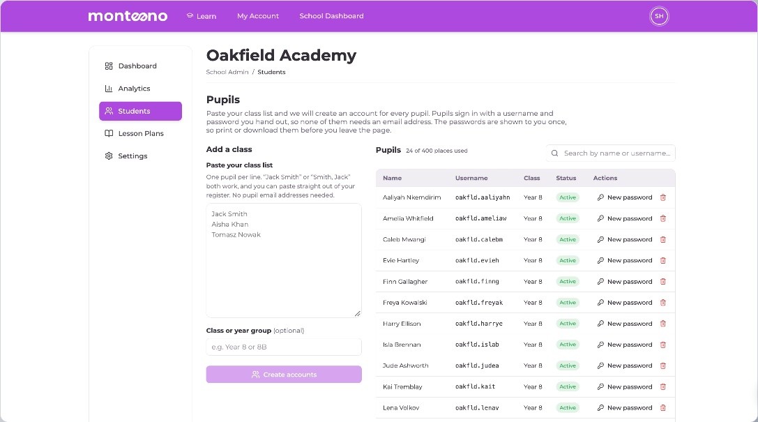 The Monteeno pupils page, with a box for pasting a class list beside a roster showing each pupil's username, year group and a button to issue a new password